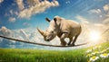 White Rhino Walks on a Rope on a Blue Sky with Clouds - Generative Ai Royalty Free Stock Photo