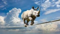 White Rhino Walks on a Rope against a Blue sky with Clouds - Generative Ai Royalty Free Stock Photo