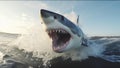 Danger zone. Dangerous waters. A huge white shark jumping out of water. Royalty Free Stock Photo