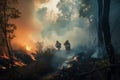 A huge wildfire in a forest with dense smoke and flames. Dangerous wildfire in a jungle and firefighters trying to put out the Royalty Free Stock Photo