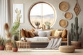 huge window and natural furniture fill the living room. Excellent illustration Wall mockup with a bohemian interior design.