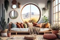 huge window and natural furniture fill the living room. Excellent illustration Wall mockup with a bohemian interior design.