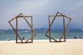 Huge wooden frame on the beach of wuzhizhou island, hainan province, China