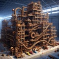 Huge wooden Rube Goldberg machine in a warehouse