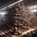 Huge wooden Rube Goldberg machine in a warehouse