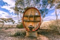Huge wooden wine barrel.