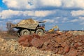 Huge yellow mining dump truck working in iron ore quarry. Mining industry Royalty Free Stock Photo