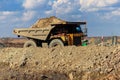 Huge yellow mining dump truck working in iron ore quarry. Mining industry Royalty Free Stock Photo