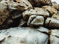 Huge yellow strange stone near sea. Alien planet landscape, rock formations. Dramatic toned photo for unusual, mistick