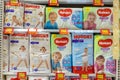 Huggies baby diapers displayed on the shelves in a supermarket. Minsk, Belarus 2022