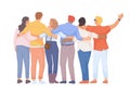 Hugging backs. Group people hugs friends back view, embrace diverse students team, friendship unity teen school together