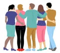 Hugging backs. Group people hugs friends back view, embrace students team, friendship unity school together, family