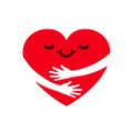 Hugging charity icon, love yourself, family community, cute cartoon heart character hug, heart with hugging arms, hands holding Royalty Free Stock Photo