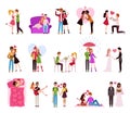 Hugging couple in love. Llifestyle of happy romantic couples, loving persons in restaurant and raining isolated vector Royalty Free Stock Photo