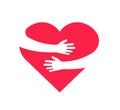 Hugging heart. Hands holding heart arm embrace love yourself child hope cardiology gift romance relationship vector