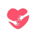 Hugging heart logo. Heart and hands. Embrace symbol. Hug yourself. Love yourself. Template design for web app  flyer  poster Royalty Free Stock Photo