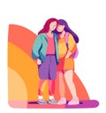 Hugging LGBT girls in rainbow background. Happy lesbian women together. Bisexual design. Cartoon character flat vector