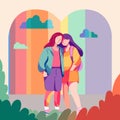 Hugging LGBT girls in rainbow background. Happy lesbian women together. Bisexual design. Cartoon character flat vector