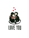 Hugging monkeys Love You card template. Happy valentine day hand painted animal card. Loving ape with hearts. Romantic monkey Royalty Free Stock Photo