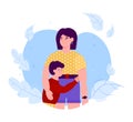 Hugging mother and son cartoon characters flat vector illustration isolated.