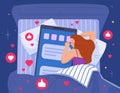 Hugging phone in sleep. Woman sleeping night and hug giant smartphone on bed, insomnia internet addiction social media