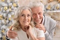 Hugging senior couple with blurred Christmas decorations Royalty Free Stock Photo