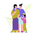 Huggying LGBT homosexual couple with child flat vector illustration isolated.