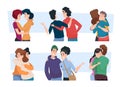Hugs characters. People embracing couples with positive emotions exact vector cartoon persons