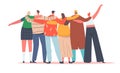 Hugs with Friends Rear View. Diverse Multiracial Male Female Characters Stand in Row Hugging Each Other, Friendship Day