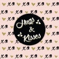 Hugs and Kisses on black circle label and trendy pink pattern