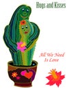 Hugs and kisses. Hand drawn illustration with cacti.