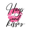 Hugs and kisses lettering quote mark kiss silhouette isolated on white background. Stamp makeup printfrom mouth. Vector Royalty Free Stock Photo