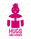 Hugs and kisses with loving hands of beloved person and kissing lips, lover woman hugging her mate and shares love, vector icon