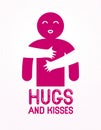 Hugs and kisses with loving hands of beloved person and kissing lips, lover woman hugging his man and shares love, vector icon