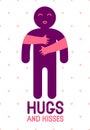 Hugs and kisses with loving hands of loved person and kissing lips, lover woman hugging his man and shares love, vector icon logo