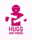 Hugs and kisses with loving hands of loved person and kissing lips, lover woman hugging his man and shares love, vector icon logo