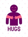 Hugs with loving hands of loved person, lover woman hugging his man and shares love, vector icon logo or illustration in