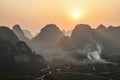 Sunset in Huixian Glass Field near Guilin, with karst landforms, Guangxi, China