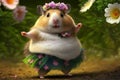 Hula dance. Beautiful Hawaiian lady hamster dancing surrounded with flowers. Generative AI