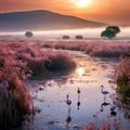 Hula Lake nature reserve, Hula Valley, Israel  Made With Generative AI illustration Royalty Free Stock Photo