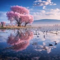 Hula Lake nature reserve, Hula Valley, Israel  Made With Generative AI illustration Royalty Free Stock Photo