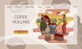 Hulling coffee. Black man and woman clean coffee beans in huller. Concept of website, landing page design template Royalty Free Stock Photo