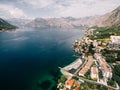 Huma Kotor Bay Hotel and Villas on the seashore. Dobrota, Montenegro. Drone