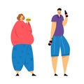 Human Addiction, Overweight Woman with Big Belly Eating Burger, Man Drinking Beer, Obesity, Alcoholism Health Problems