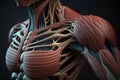 Human anatomy detail of shoulder. Muscle, bone structure, arteries