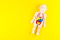 Human anatomy mannequin with internal organs on yellow background Royalty Free Stock Photo