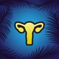 Human anatomy. Uterus sign. Vector. Golden icon with black contour at blue background with branches of palm trees.. Illustration. Royalty Free Stock Photo
