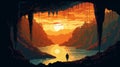 Realistic Sunset Illustration Of An Underground Cave Filled With People