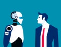 The human and anroid look in each other eyes. Human vs artificial intelligence concept