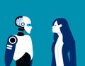 The human and anroid look in each other eyes. Human vs artificial intelligence concept